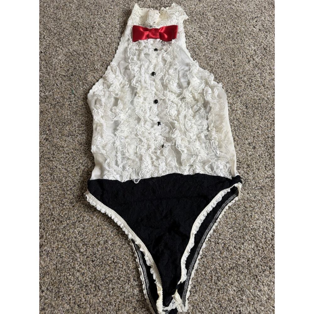 VTG Andrea Kristoff Escante Lace Teddy Ruffle Halter Cutout Tuxedo Sz Small